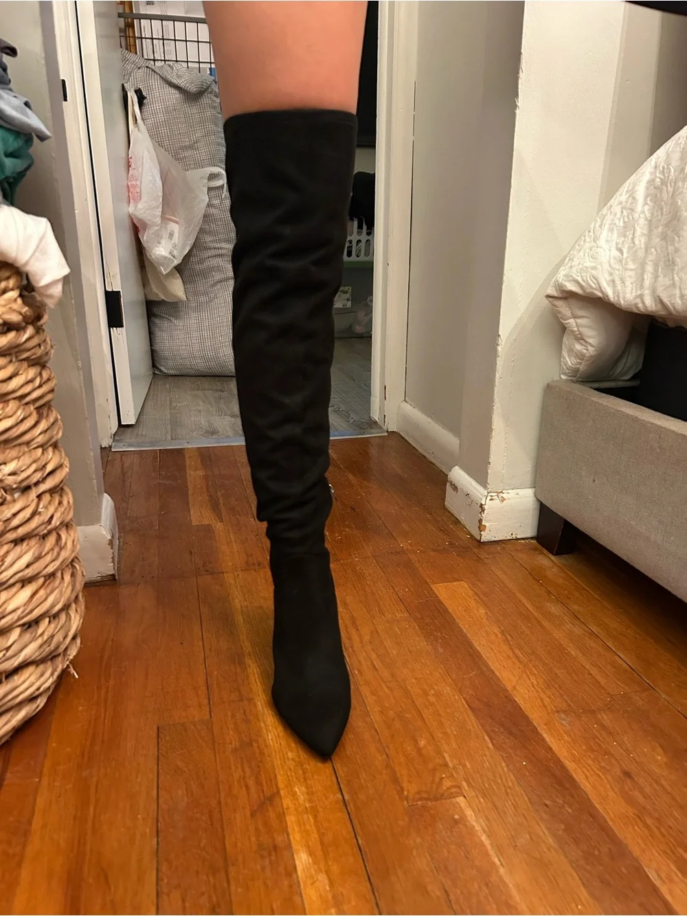 Black Suede Over-the-Knee Pointed-Toe Stiletto Boots